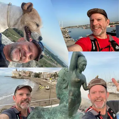 a collage of photos with a man and a statue at APARTAMENTO 10 MIN SITGES in Puigmoltó