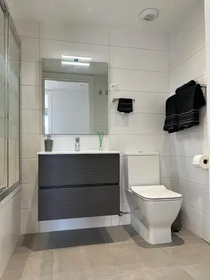 a bathroom with a toilet and a sink and a mirror at Confortable habitación doble - 2 in Sant Adria de Besos