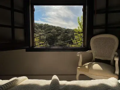 a bedroom with a window with a chair and a view at Casa Magnolia in Dosríus
