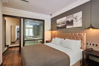 a hotel room with a bed and a bathroom at Hotel Cortes Rambla in Barcelona