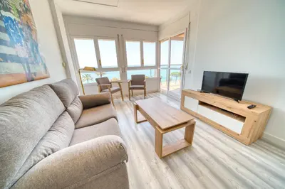 a living room with a couch and a flat screen tv at HomeHolidaysRentals Aquilone - Costa Barcelona in Pineda de Mar