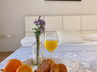 a plate of fruit and a glass of orange juice and a vase of flowers at Sunset Bay Vilanova in Vilanova i la Geltrú