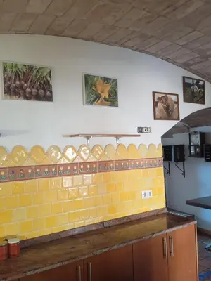 a kitchen with a counter with yellow tiles on the wall at L'Olivera Casa Rural in Castellbisbal