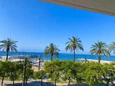 a view of a beach with palm trees and the ocean at Paradise Apartment by Hello Homes Sitges in Sitges