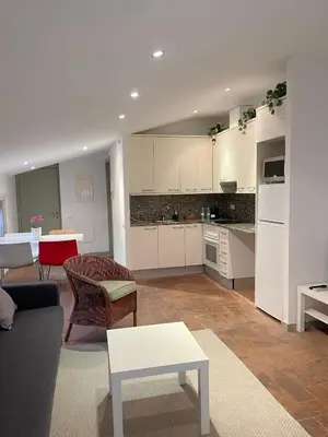 a kitchen and living room with a couch and a table at SG Apartamento céntrico ático in Terrassa