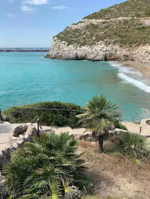 a view of a beach with palm trees and the ocean at Wonderful house near Barcelona in Castelldefels