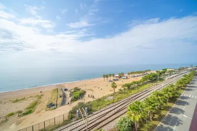 a view of a beach and the ocean with palm trees at HomeHolidaysRentals Estrella - Costa Barcelona in Pineda de Mar