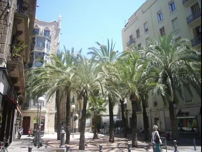 a row of palm trees in a city street at Suite Gracia Barcelona in Barcelona