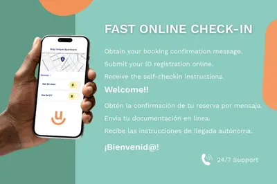 a hand holding an iphone with the fast online check in button at Stay U-nique Apartment Gran Via IV in Barcelona