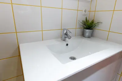 a white sink in a bathroom with a potted plant at LetsGo Sagrada Familia Penthouse in Barcelona