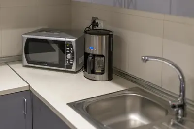 a microwave sitting on a kitchen counter next to a sink at Autèntic Arc de Triomf Apartment in Barcelona