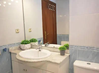 a bathroom with a sink and a mirror and a toilet at Gaudi Contemporani in Mataró