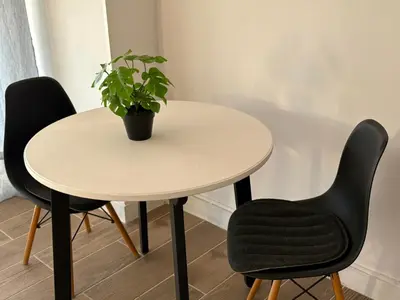 a table with two chairs and a potted plant on it at Apartamento playa in Arenys de Mar