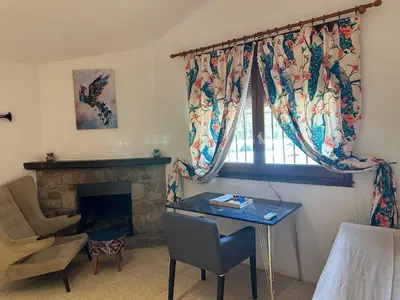 a room with a desk and a chair and a fireplace at Hidden garden Central and quiet rest in Barcelona