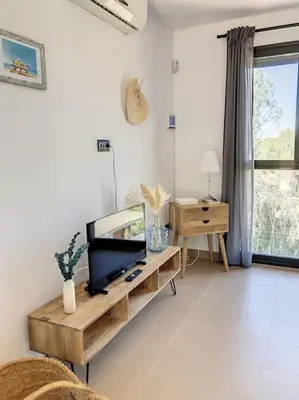 a living room with a television on a wooden table at Villa Barcelona en Olivella in Olivella