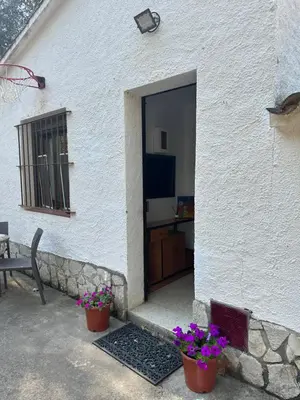 a white building with two potted plants in front of a door at Can Ginesta Muy feliz&tranquilo in Barcelona