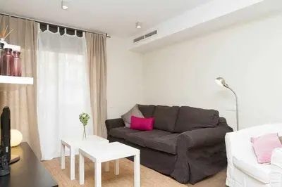 a living room with a gray couch and pink pillows at Port III Apart céntrico ideal familias 11 in Barcelona