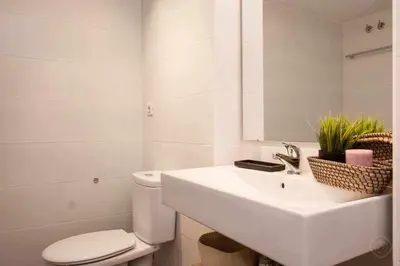 a bathroom with a sink and a toilet and a mirror at Port IV Apart céntrico ideal grupos 12 in Barcelona