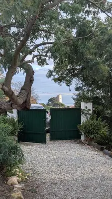 a green gate in a driveway with a tree at Historic house 5 minutes walk from the beach in San Pol de Mar
