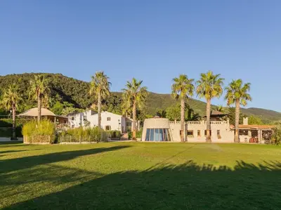 a large yard with palm trees and a house at Finca Montnegre Suites and Spa in Sant Iscle de Vallalta