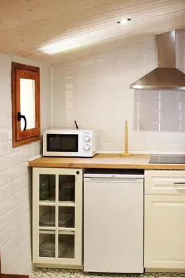 a kitchen with a counter top with a microwave at El Celler de la Guàrdia in Montserrat