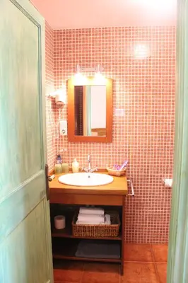 a bathroom with a sink and a mirror at Hostal l´Ou de Reig in Montseny