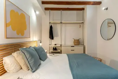 a bedroom with a bed with blue pillows and a mirror at Canela Homes BARCELONA SANT ANTONI in Barcelona
