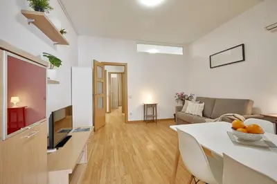 a kitchen and living room with a couch and a television at BBarcelona Sagrada Familia Terrace Flat in Barcelona
