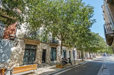 a street with a tree and a motorcycle parked next to a building at Bright 2BR in Clot Desk Fiber Wi-Fi in Barcelona