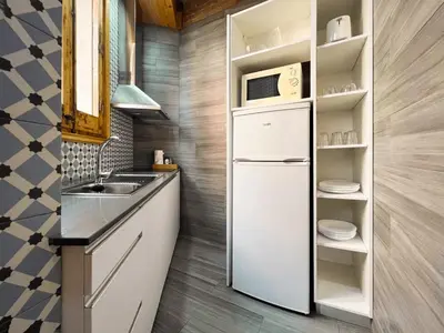 a small kitchen with a refrigerator and a sink at Stay U-nique Apartment Ermengarda in Barcelona