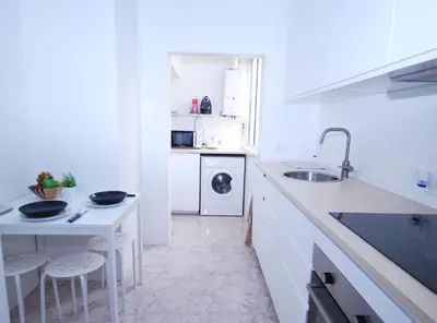 a white kitchen with a sink and a washing machine at Can Josep in Vilassar de Mar
