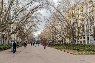 people walking down a sidewalk in a park with trees at Canela Homes BARCELONA CÒRSEGA in Barcelona