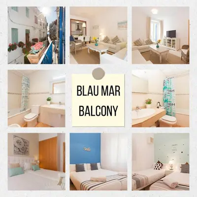 a collage of photos of a living room and a bathroom at Blaumar in Sitges