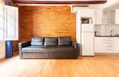 a living room with a couch in front of a brick wall at Gothic - Ramblas Apartments in Barcelona
