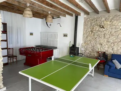 a ping pong table in a living room with a stone wall at Cal Tomaset in Les Cabanyes