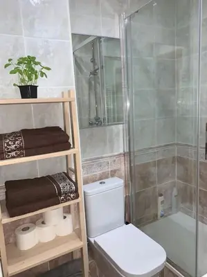 a bathroom with a toilet and a glass shower at Glorias:Sagrada Familia 15 minutos - Playa 20 minutos in Barcelona