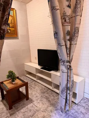 a living room with a flat screen tv and a curtain at Bonita Habitación en chalet in Barcelona
