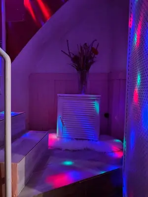 a room with purple and blue lights on the stairs at Bonita Habitación en chalet in Barcelona