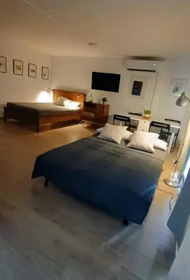 a bedroom with two beds and a flat screen tv at Casa de invitados in La Torre de Claramunt