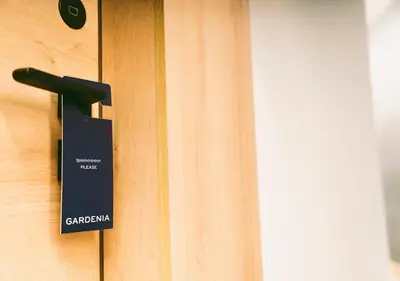 a black door handle on a wooden door at Hotel Casa Gardenia in Barcelona
