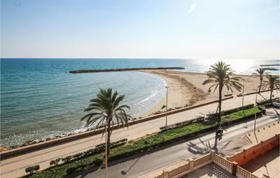 a view of a beach with palm trees and the ocean at 4 Bedroom Lovely Apartment In Cunit in Cunit