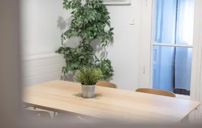 a wooden table with a potted plant on it at Stay U-nique Apartments Granados in Barcelona
