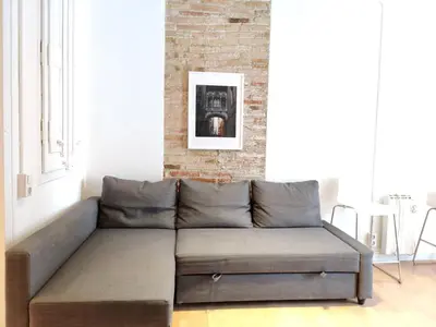a couch in a living room with a brick wall at Family apartment Gracia in Barcelona