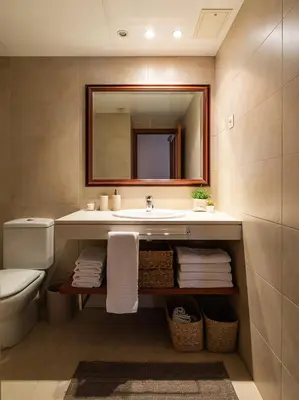 a bathroom with a sink and a toilet and a mirror at Homing Barcelona 101 in Hospitalet de Llobregat