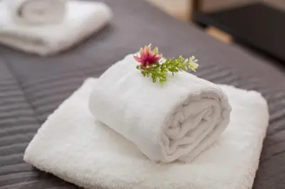 a white towel with a flower on top of it at Housalia Sant Pau Views- Suite with View on Hospital Sant Pau in Barcelona