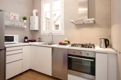 a white kitchen with a stove and a sink at Enjoy Apartments Sofia in Barcelona