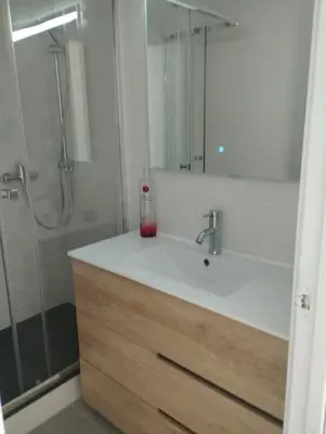 a bathroom with a sink and a shower with a mirror at Villa Franz House Casa de Invitados in Canyelles