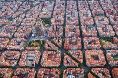 an aerial view of a city with red roofs at Sweett - Ethnic Eixample in Barcelona