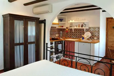 a room with a kitchen and a bed in a room at La Ginesta Rural, cerca de Sitges in Canyelles