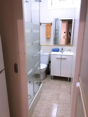 a bathroom with a toilet and a sink and a mirror at Rainbow in Barcelona